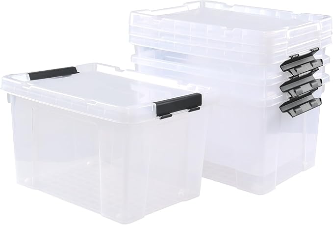 4 Pack 22 L Clear Plastic Storage Box with Wheels, Latch Storage Bin with Lid