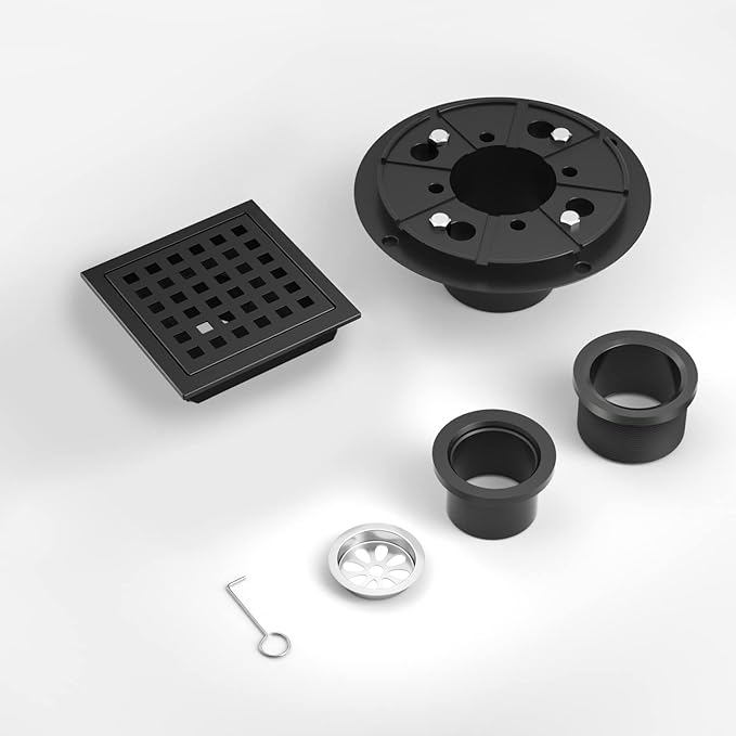 4-3/8 Inch Shower Drain Matte Black, Square Bathroom Floor Drain, Stainless Steel Drain Kit with Flange, Removable Grid Cover, Hair Strainer