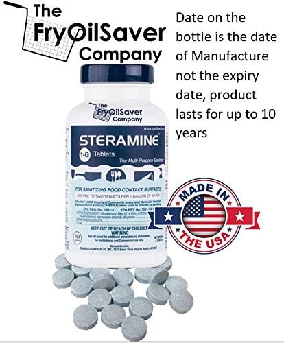 1 Bottle Steramine Sanitizer Tablets w/15x QT-10 Test Strips - Multi Purpose Steramine Sanitizing Tablets for Food Contact Surface, Kitchen, Restaurant, Food Service by FryOilSaver (150 Count)