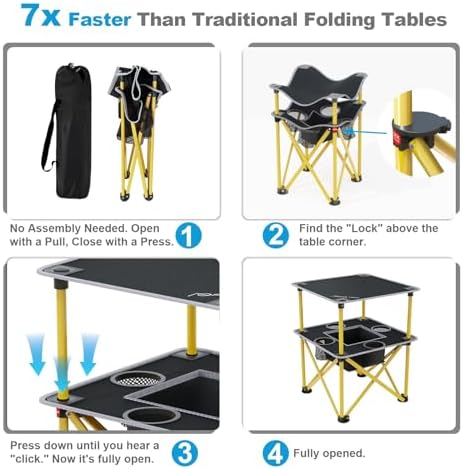 Folding Camping Table with 4 Cup Holders, Lightweight Portable Beach Outdoor Picnic Table, Square Camp Table with Built-in Food Basket Travel Bag for BBQ, Camping, Tailgate
