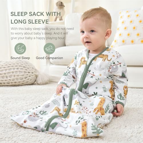 Baby Sleep Sack 12-18 Months, Long Sleeve Baby Wearable Blanket 0.5 Tog with Mittens, 2-Way Zipper Toddler Cotton Sleeping Sack for Boy and Girl Green Giraffe 2 Pack(Large)