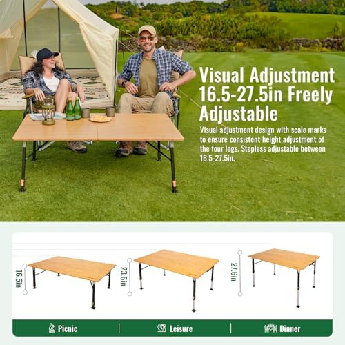 KingCamp Bamboo Folding Table with Adjustable Height