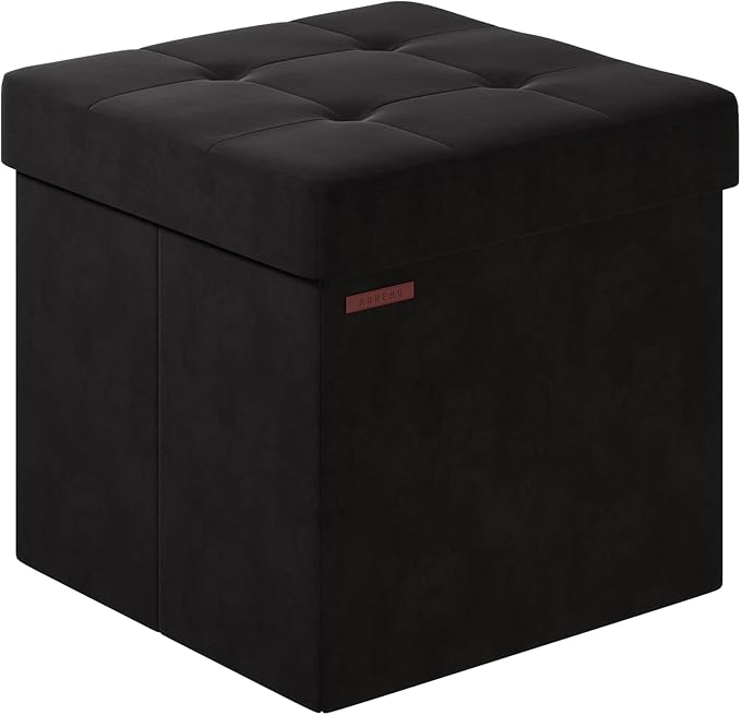Folding Storage Ottoman, Velvet Storage Bench, Footrest, Footstool, for Living Room, Bedroom and Office,15 x 15 x 15 Inches, 300 kg Load Capacity, Ink Black,UASND04B