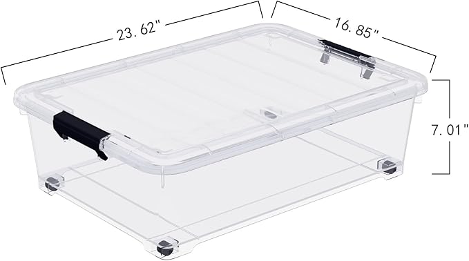 4-Pack 25L Plastic Under Bed Storage Organizer Bin Container with Latch Lids and Wheels, Clothes Storage Box Rolling Underbed, Clear