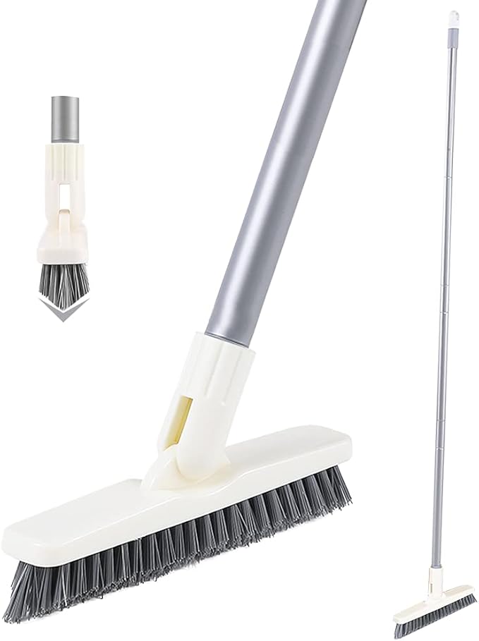Grout Scrub Brush with Long Handle, Swivel Grout & Corner Cleaning Brush for Tile Floors, Stiff V-Shaped Bristle Grout Cleaner Brush for Grout Line, Deep Grooves, Walk in Shower, Bathroom and Kitchen