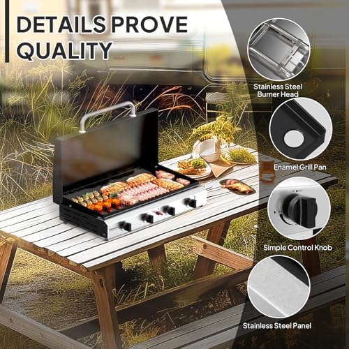 ROVSUN 4 Burner Portable Propane Griddle with Ignition & Regulator, 40,000 BTU Tabletop Flat Top Gas Grill with Enameled Tray & Lid for Outdoor Cooking Camping BBQ Tailgating Electronic