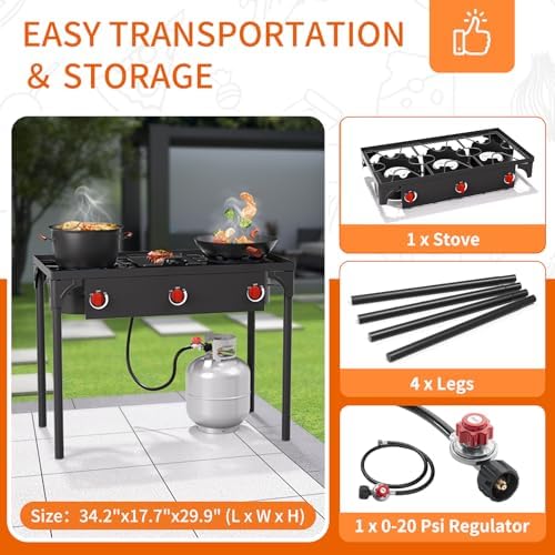 High Pressure Propane Burner, 3 Burner Camping Stove with Detachable Legs, 225,000 BTU Propane Gas Stove Burner with 0-20 PSI Regulator for Camping, Tailgating, Backyard, Outdoor Cooking
