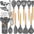 Umite Chef Kitchen Cooking Utensils Set, 33 pcs Non-stick Silicone Spatula Set with Holder, Woodle Handle Heat Resistant Gadgets Utensil (Gray)