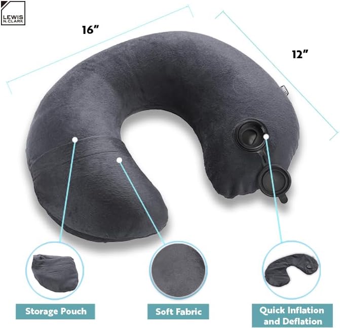 Lewis N. Clark Compact Portable Adjustable and Inflatable Cervical Neck Pillow for Travel, Gray, One Size