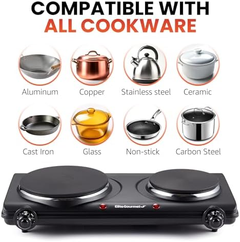 Elite Gourmet Double Cast Iron Burner, 1500W Hot Plate, Adjustable Temp
