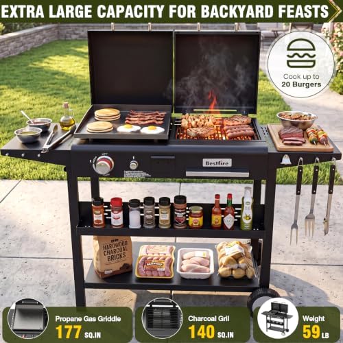 Bestfire Dual Fuel Gas & Charcoal Grill Combo, 327 Sq.In Propane Flat Top Griddle w/Cast Iron Griddle, Dual Lids, Side Shelves, Outdoor Griddle for Small Gatherings & Cookouts