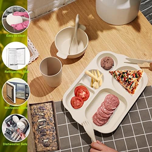 Honoson 24pcs Wheat Straw Dinnerware, Unbreakable, Beige/pink/green/blue
