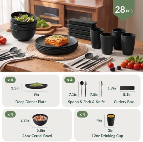 Homienly Plates and Bowls Sets 28 Pcs Black Wheat Straw Dinnerware Sets