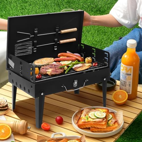Portable Charcoal Grill, Foldable BBQ Grill Kit Easy to Carry, Tabletop Outdoor Barbecue Smoker, Small BBQ Grill for Outdoor Camping, Patio and Picnic