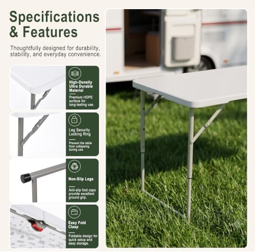 HULKFIT Portable 5-Piece Folding Table and Chairs Set, Heavy Duty 4ft Camping & Party Furniture for Indoor Outdoor Events, White