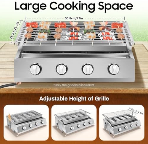 Small 4-Burner Propane Gas Grill, Stainless Steel Tabletop BBQ Grill with 21.9 x 9.1-Inch Griddle, Portable Smokeless Grill for Outdoor Camping, Patio, and Backyard Barbecues