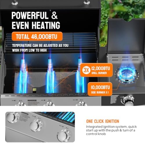 ROVSUN 3 Burner Propane Gas Grill with Side Burner, 46,000BTU BBQ Grills with Enameled Cast Iron Grates, Shelf & Cabinet for Outdoor Garden Patio Backyard Barbecue Cooking