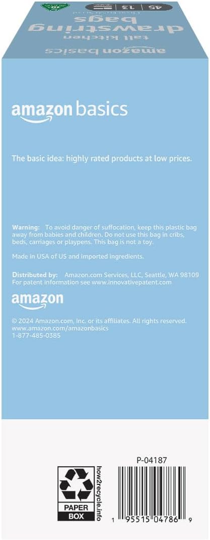 Amazon Basics 13 Gallon Tall Kitchen Drawstring Trash Bags, Clean Fresh Scent, 10% Post Consumer Recycled, 45 Count