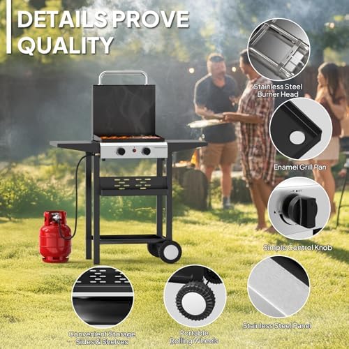 Bonnlo 20000BTU Propane Griddle with Lid and Ignition, Standing Flat Top Gas Grill with Portable Rolling Wheels and Storage Shelf, 2 Burner Camping Cooker for Patio Backyard Outdoor Cooking BBQ