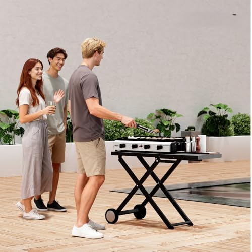 Bonnlo Foldable Flat Top Grill with 4 Burner, Powerful 40,000 BTU Propane Gas Grills with Ignition, Enamel Griddle, Side Shelf & Portable Cart with Wheels for Outdoor Camping Hibachi Grill Use