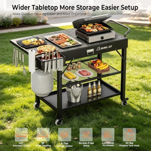 Grill Cart, 19 inch,3 Tier Foldable Grill Table with Wheels 500 Lb