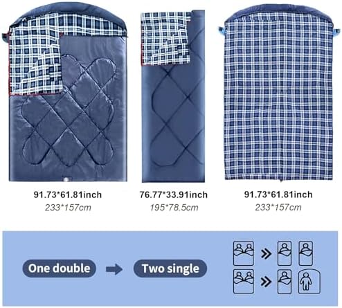 ShinHye Double Sleeping Bag for Adults with 2 Pillows, Camping Sleeping Bags Flannel Cotton 2 Person Sleeping Bags XXL Queen Size Sleeping Bag for Cold Weather