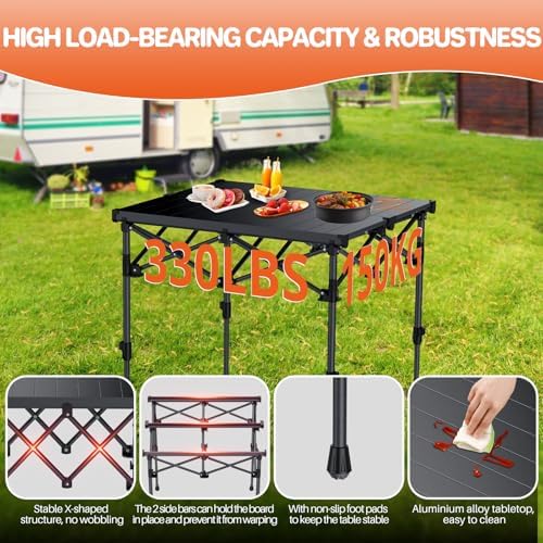 FUNYKICH Folding Camping Square Table, 2 Height Adjustable 17.3'' & 27.6''