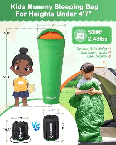KingCamp 45°F Kids Sleeping Bag, 100% Flannel Sleeping Bag for 10-12 Child