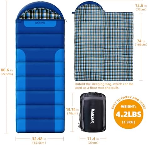 Cotton Flannel Lined Sleeping Bag for Adults Teens Kids, Cold Weather &Warm, 3 Seasons, Lightweight Compact Camping Essentials Equipment, Hiking, Outdoor, Travel