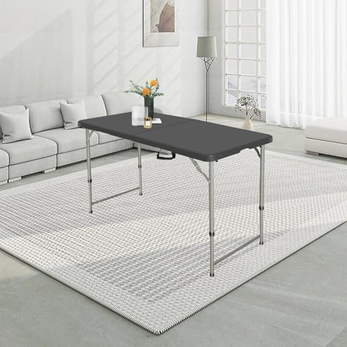 SKONYON 4 Foot Folding Table Heavy Duty Portable Fold-in-Half Plastic Utility Table Small Indoor Outdoor Adjustable Height Card Table with Carrying Handle, Camping and Party, Black