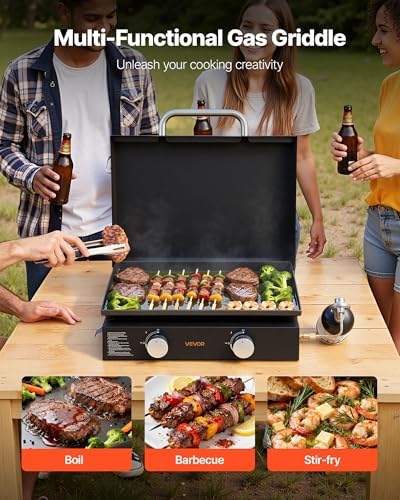 VEVOR Gas Griddle, 2 Burner Tabletop Griddle, 22 inch Portable Griddles Propane with Lid, Oil Drain Hole & Oil Collection Tray, 22000BTU Camping Flat Top Grill for Outdoor Cooking, Tailgating