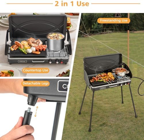 LDAILY 2-Burner Portable Gas Grill, Portable BBQ Grill Propane with Removable Legs, 20,000 BTU Dual Cooking Zones, Wind Guard & Foldable Design, Outdoor Camping Stove, Picnics, Party (Black)