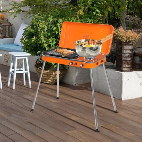 2-Burner Propane Camping Stove, Propane Grill Dual Burner Heating Stove for Camping BBQ Picnic, Portable Gas Grill Cooker with Handle and Extended Stove Legs Adjustable Firepower