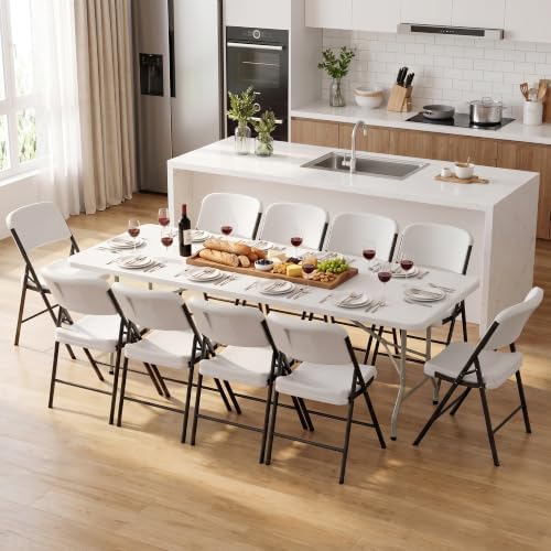 HULKFIT Portable 10-Piece Folding Table and Chairs Set, Heavy Duty 8ft Camping & Party Furniture for Indoor Outdoor Events, White