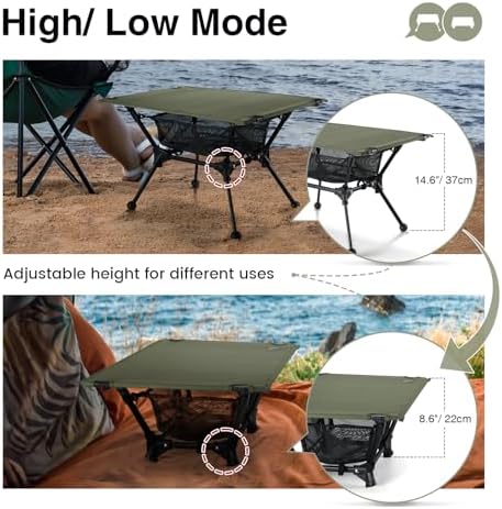 ONETIGRIS Dipper Camping Table, Lightweight Portable Folding Table with Mesh Storage Net, High/Low Options, Ideal for Camping, Hiking, Tailgating, Beach, Picnic, Travel, Backyard