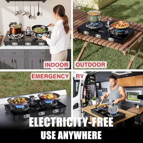 3 Burner Propane Stove 32,300 BTU High-Efficiency Tempered Glass Auto-Ignition Gas Burner Stove Top with CSA Hose for Outdoor RV Camping Emergency Cooking