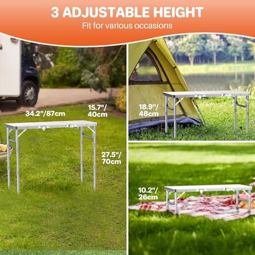 FUNYKICH 3ft Folding Camping Table, 3 Height Adjustable Max 27.5'', White