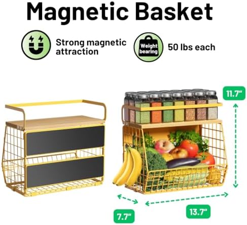 Magnetic Shelf for Fridge with Wood Lid, Fruit Potato and Onion Storage Bins, Pantry Organizers & Storage, Large Container Magnetic Spice Rack for Refrigerator, Kitchen Counter, Cabinet (Yellow, 1)
