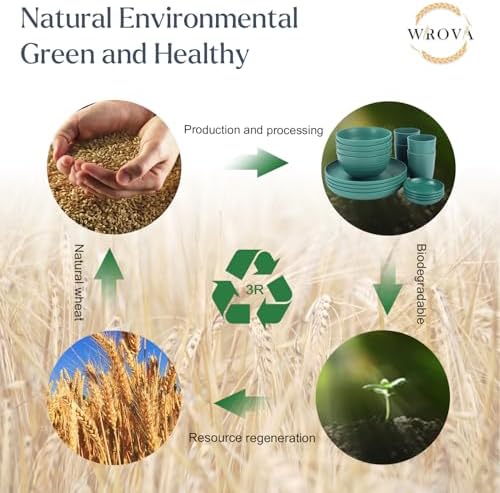 Wrova Wheat straw plates and bowls set of 16 - Unbreakable wheat straw dinnerware sets for kids - Alternative plastic dinnerware set service for 4 - Microwave safe and Dishwasher safe bowls. Green