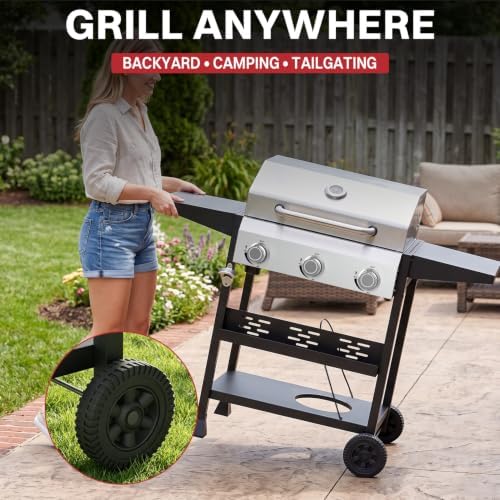 3 Burner Propane Gas Grill, 36000 BTU BBQ Grill with Lid & Wheels