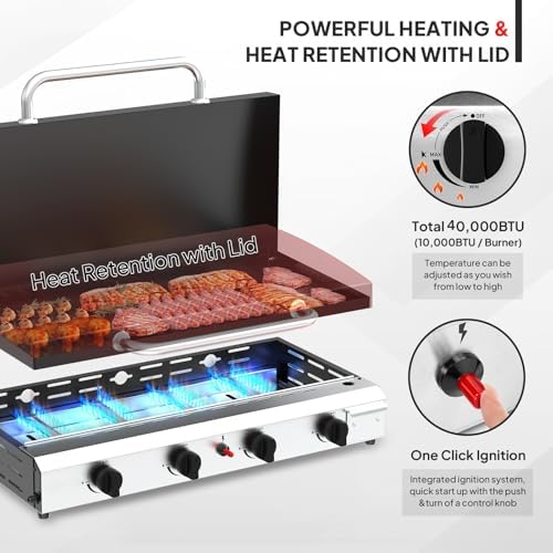 Bonnlo 40000BTU Propane Griddle with Lid and Ignition, Standing Flat Top Gas Grill with Storage Shelf and Portable Rolling Wheels, 4 Burner Camping Cooker for Patio Backyard Outdoor Cooking BBQ