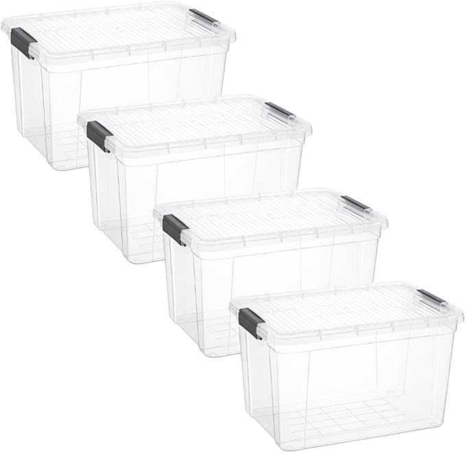 Superio Storage Bins with Lids, Clear Plastic Containers for Organizing, Stackable Totes, BPA Free, Odor Free, Organizer Boxes for Home, and Dorm (4 Pack, 14.7 Qt)