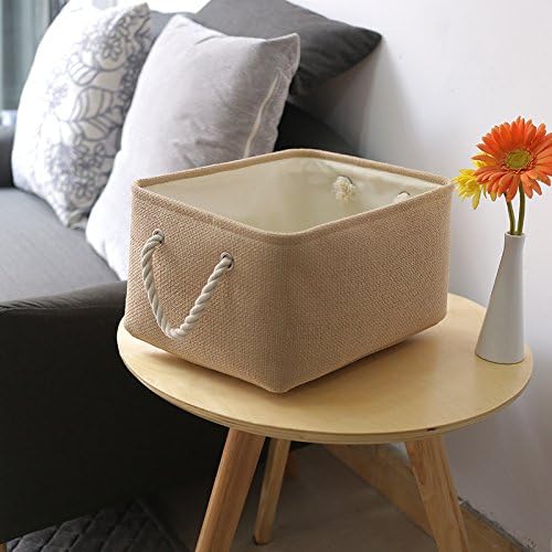 TheWarmHome Decorative Basket Rectangular Fabric Storage Bin Organizer Basket with Handles for Clothes Storage (Beige, Medium-1Pack,13.8L*9.8W*6.7H)