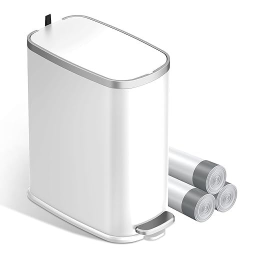 KUK Slim Bathroom Trash Can with Lid Soft Close, Step Pedal, 2.6 Gal/ 10L Stainless Steel Garbage Can with Removable Inner Bucket, Anti-Fingerprint Wastebasket for Office, Bedroom, Toilet (White)