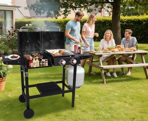 2-Burner Gas & Charcoal Combo Grill with Griddle, Black