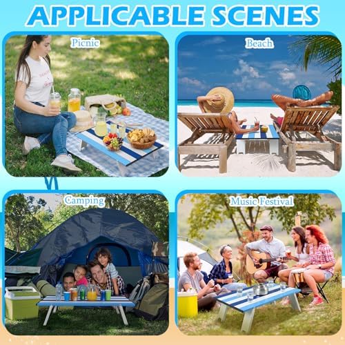 CroBlissful Beach Table Folding Camping Portable Table Striped White Aluminum Side with Carry Bag for Summer Camping Picnics and Outdoor Activities(22x16x5 in,Navy Blue)
