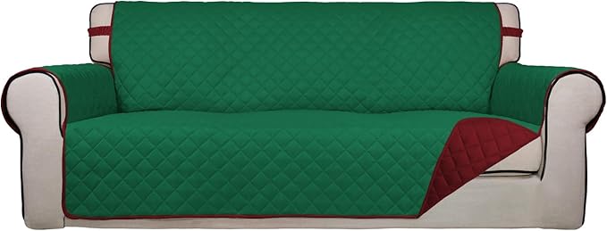 PureFit Reversible Quilted Sofa Cover, Water Resistant Slipcover Furniture Protector, Washable Couch Cover with Non Slip and Elastic Straps for Kids, Dogs, Pets (Sofa, Green/Red)