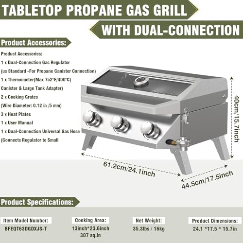 BESTFIRE Portable Propane Grill, 3-Burner Tabletop Gas Grill with 2-in-1 Connection for 1lb/20lb Tanks, 30,000 BTU Stainless Steel BBQ with Observation Window & Thermometer for Outdoor, Tailgating