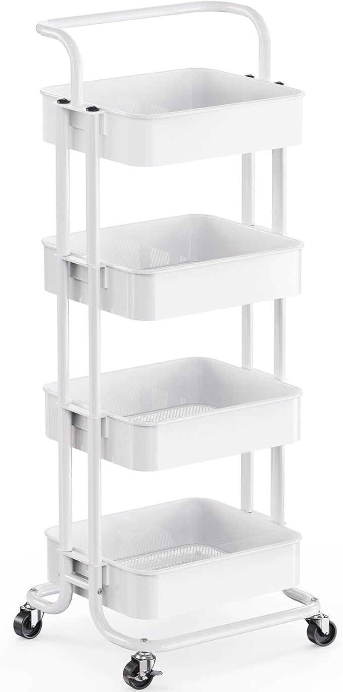Pipishell 4 Tier Mesh Utility Cart, Rolling Metal Organization Cart with Handle and Lockable Wheels, Multifunctional Storage Shelves for Kitchen Living Room Office White, PIUC12W