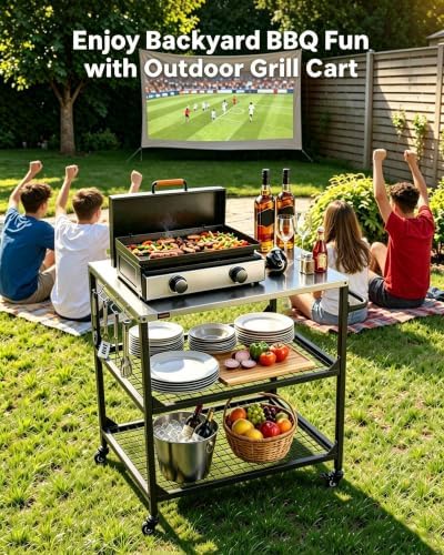 VEVOR Outdoor Grill Cart, 31.5 x 24.0 inch Stainless Steel Tabletop Size Grilling Table, Outdoor Cooking Table with 4 Wheels & Side Handle, Two Mesh Shelves, BBQ Prep Tables for Patio, Garden